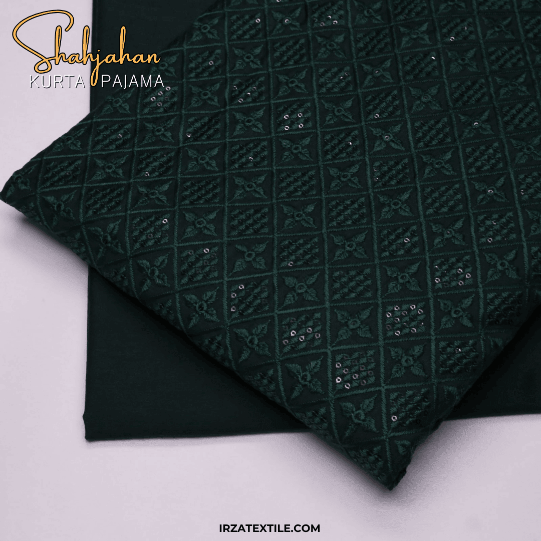 Shahjahan Embroidered Bottle Green Un-Stitched Kurta Pajama - Irza Textile