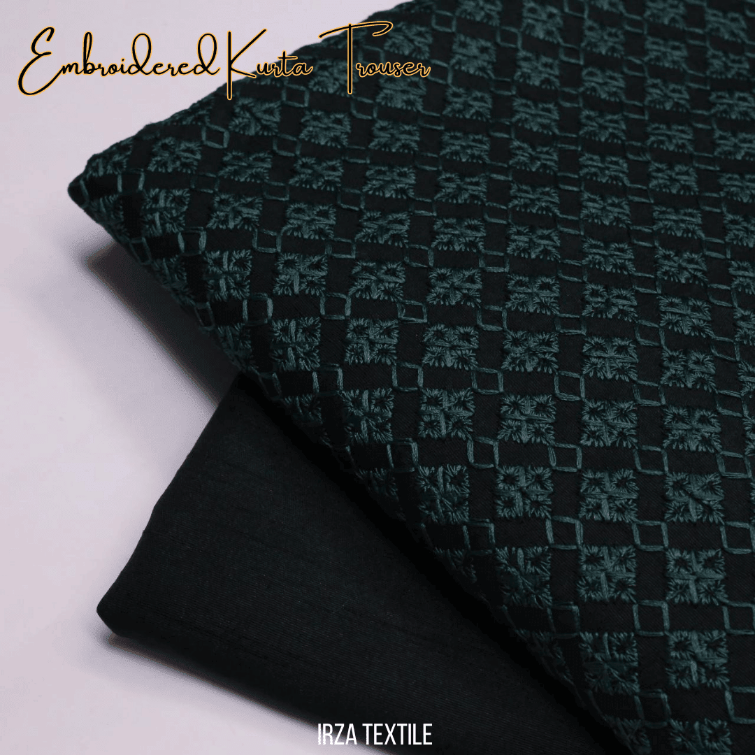 Un-Stitched Bottle Green Embroidered Kurta Trouser Fabric N-905 - Irza Textile