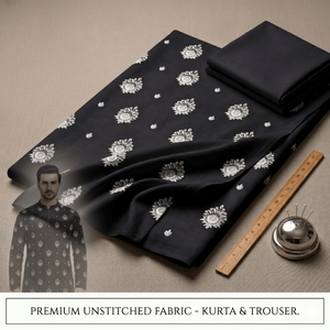 Un-stitched Motif Black Embroidered Kurta Trouser Fabric MF-102 - Irza Textile