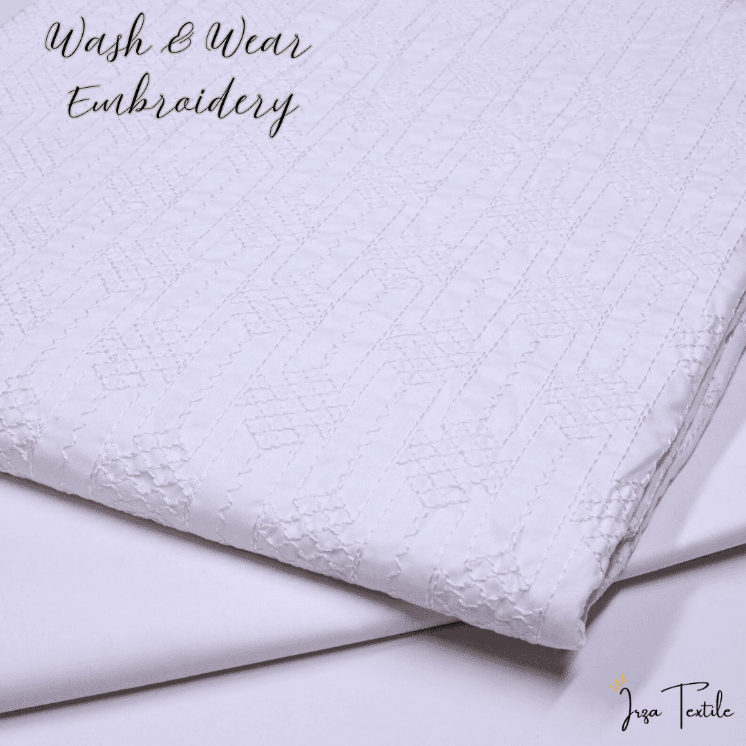 White Wash And Wear Embroidered Kurta Trouser Fabric WW-101 - Irza Textile