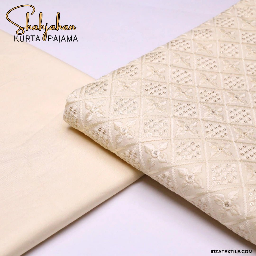 Shahjahan Embroidered Cream Un-Stitched Kurta Pajama - Irza Textile