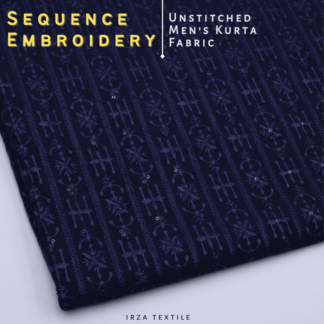 Un-Stitched Cotton Silk Navy Blue Stripe Sequence Embroidery Kurta AOB-125