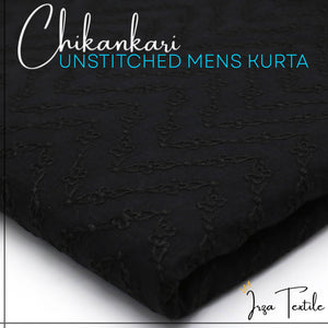 Close-up of an un-stitched embroidered black kurta fabric with text overlay indicating the brand 'Chikankari' and the description 'UNSTITCHED MENS KURTA'.