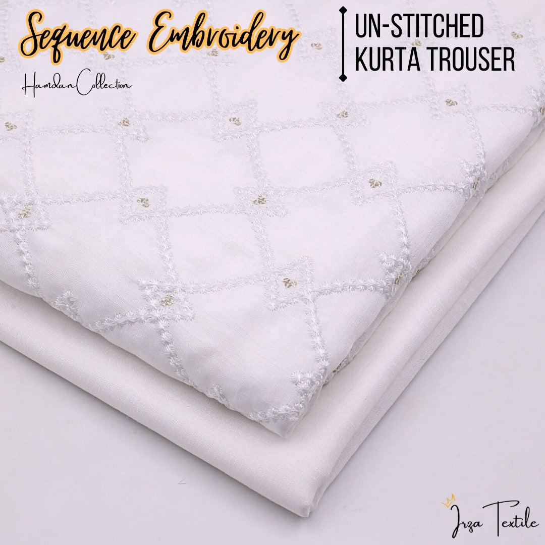 Un-Stitched White Designer Kurta Trouser Fabric Hamdan H5