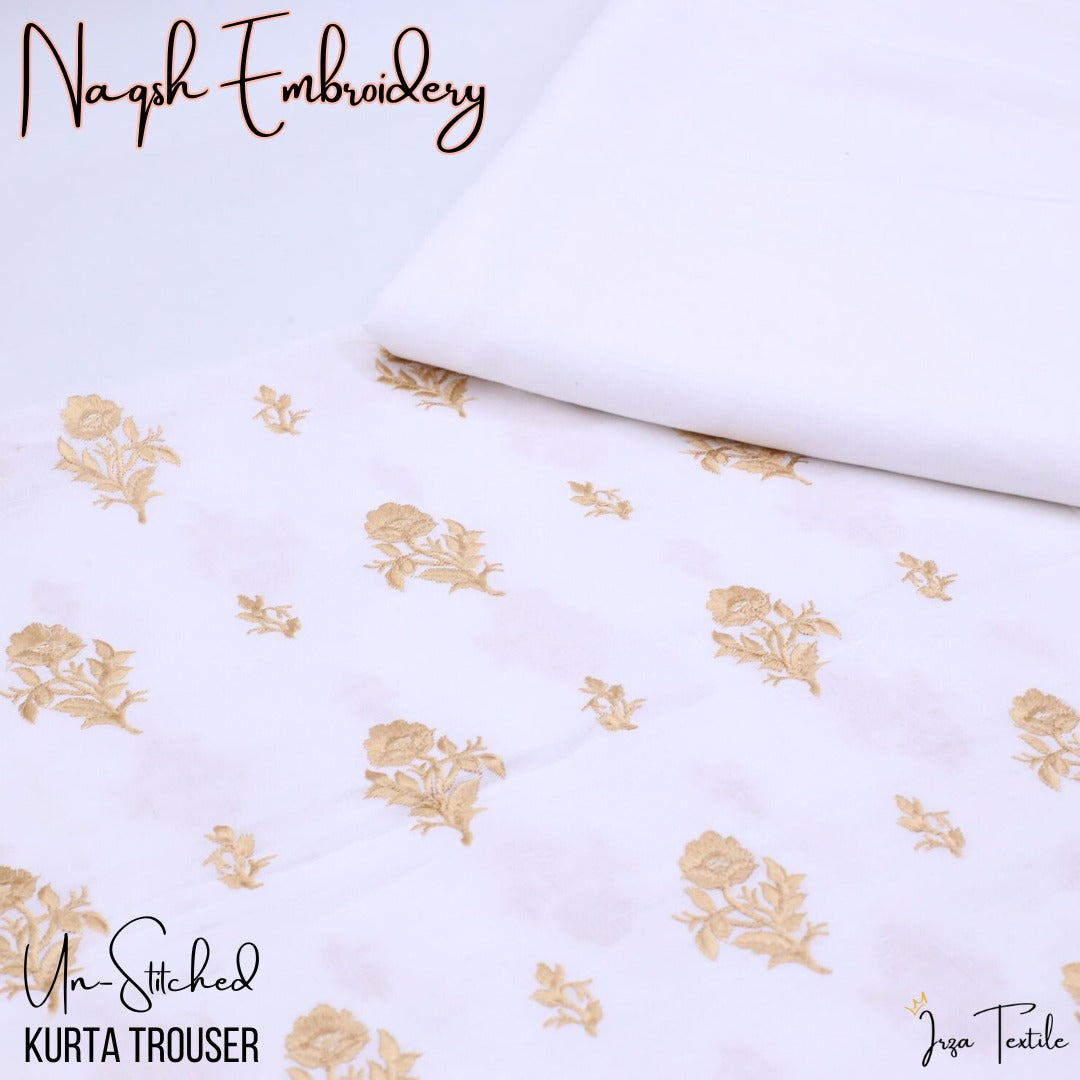 Un-Stitched White Naqsh Embroidery Mens Kurta Trouser N1