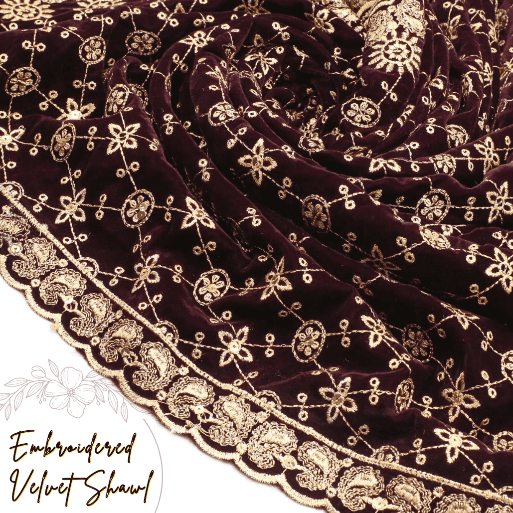 Burgundy Embroidered Velvet Shawl IS-204