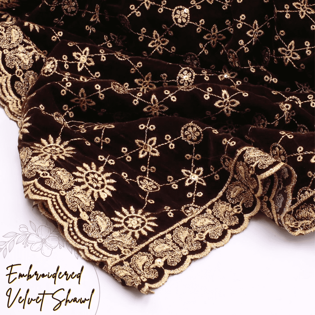 Burgundy Embroidered Velvet Shawl IS-204