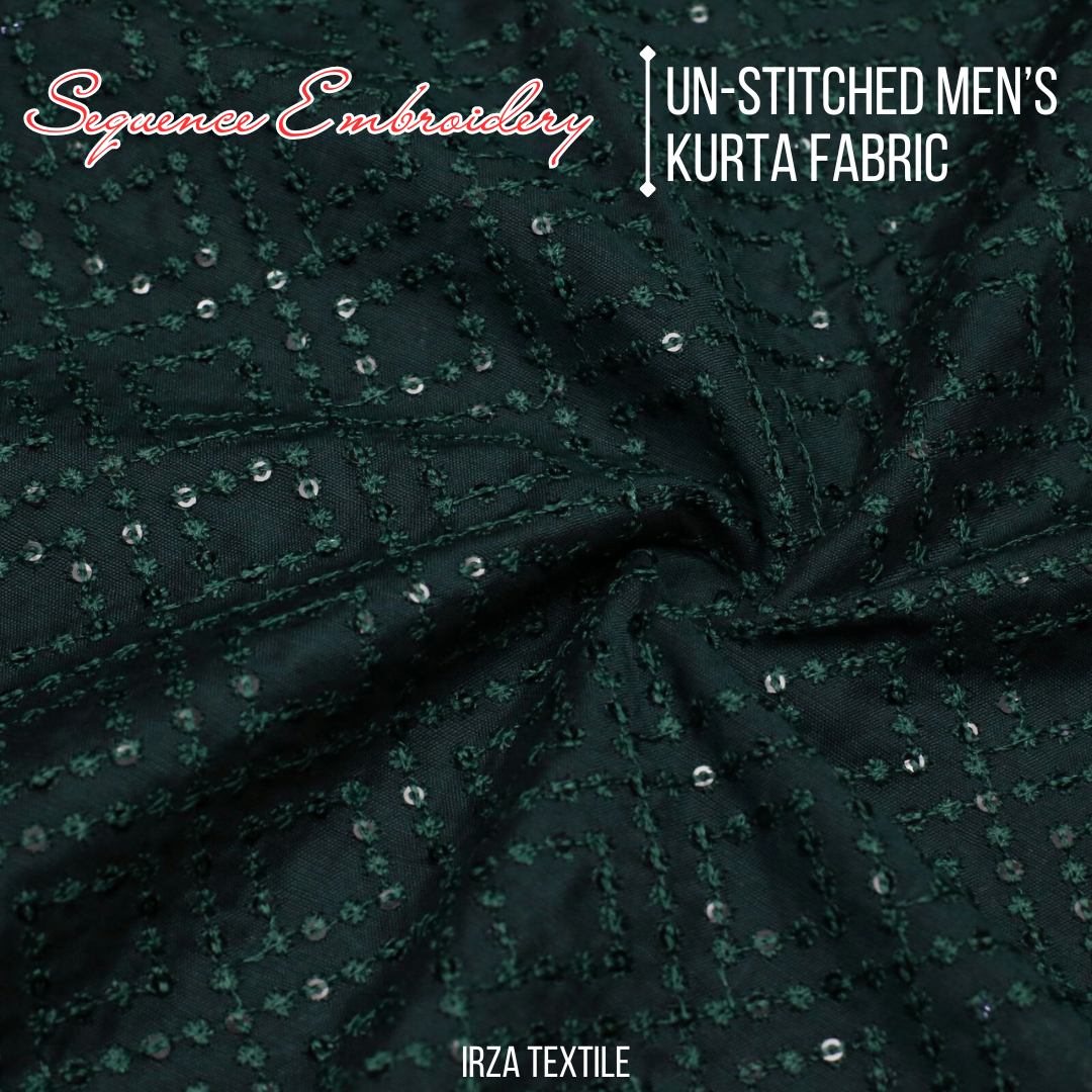 Un-Stitched Cotton Silk Bottle Green Sequence Embroidery Kurta AOB-147