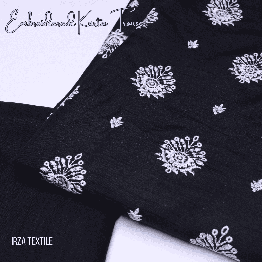 Un-stitched Motif Black Embroidered Kurta Trouser Fabric MF-102 - Irza Textile