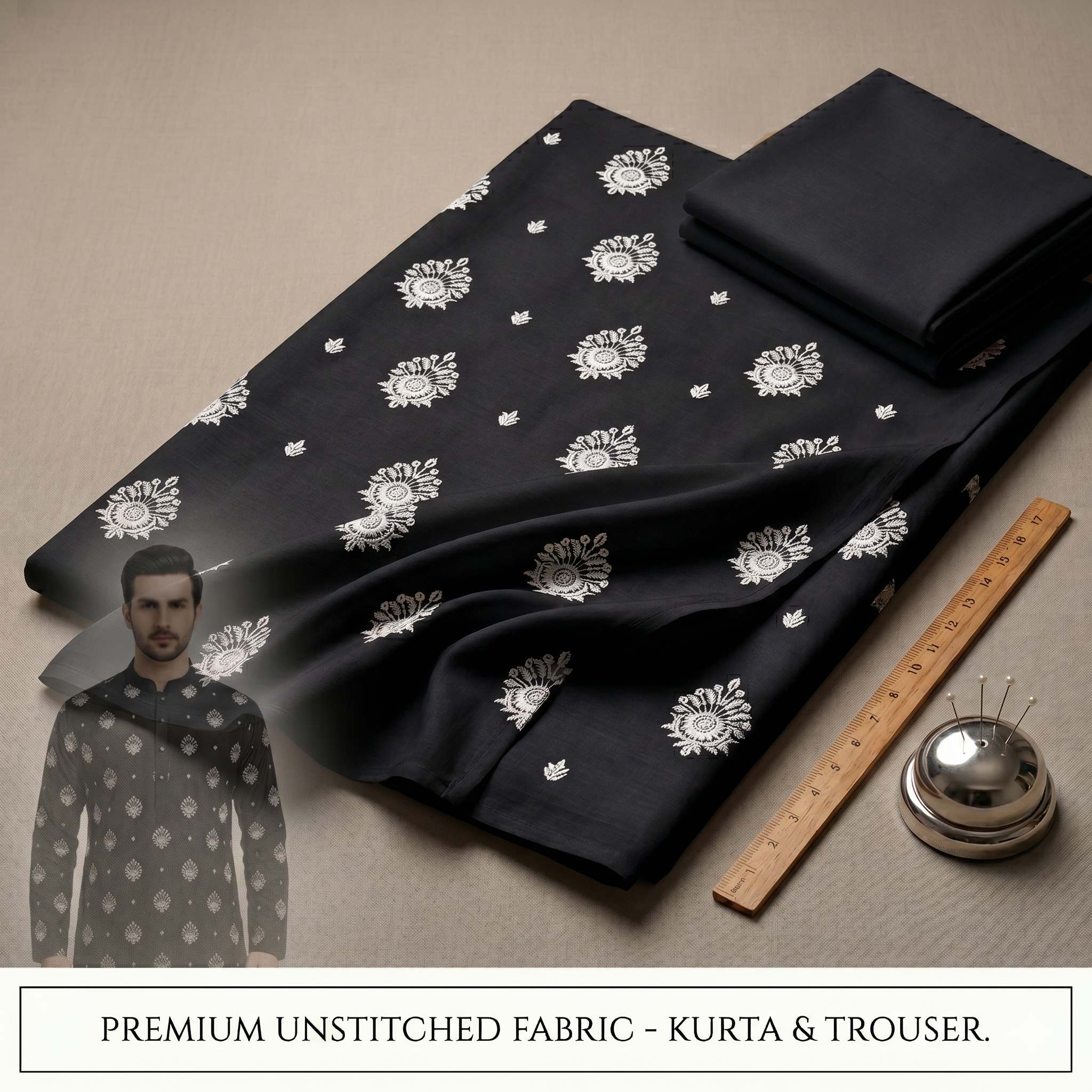 Un-stitched Motif Black Embroidered Kurta Trouser Fabric MF-102