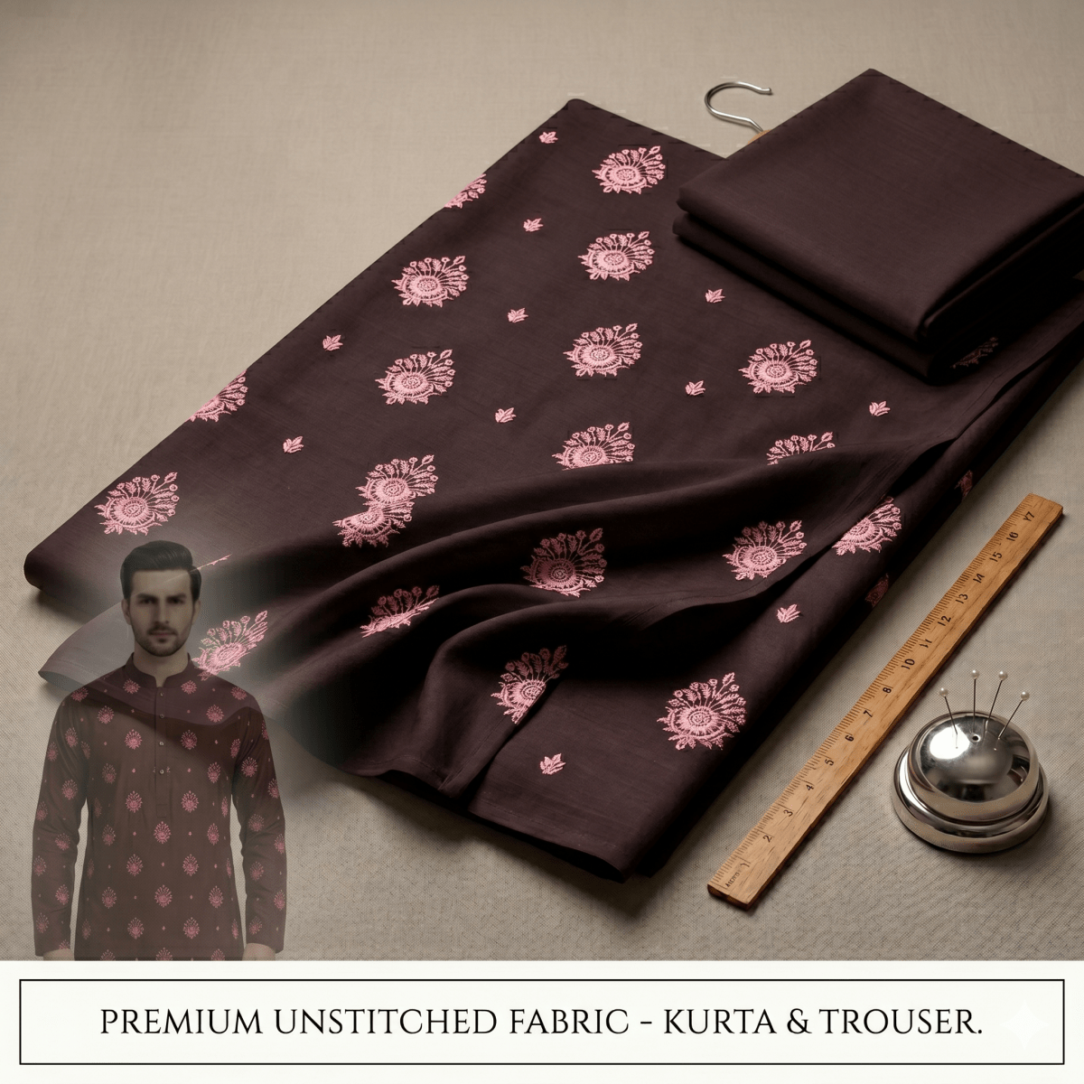 Un-stitched Motif Brown Embroidered Kurta Trouser Fabric MF-104 - Irza Textile