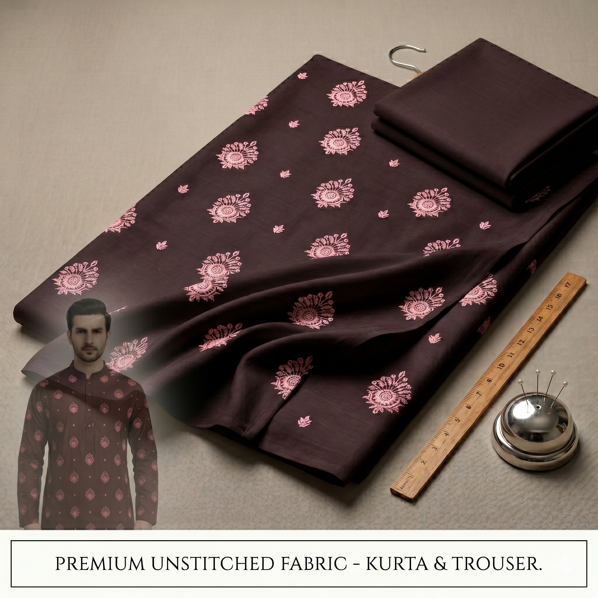Un-stitched Motif Brown Embroidered Kurta Trouser Fabric MF-104