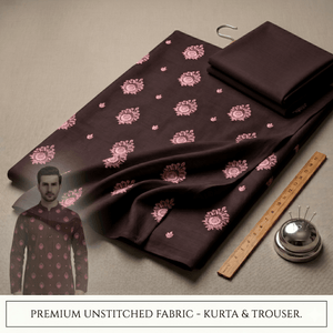 Un-stitched Motif Brown Embroidered Kurta Trouser Fabric MF-104 - Irza Textile