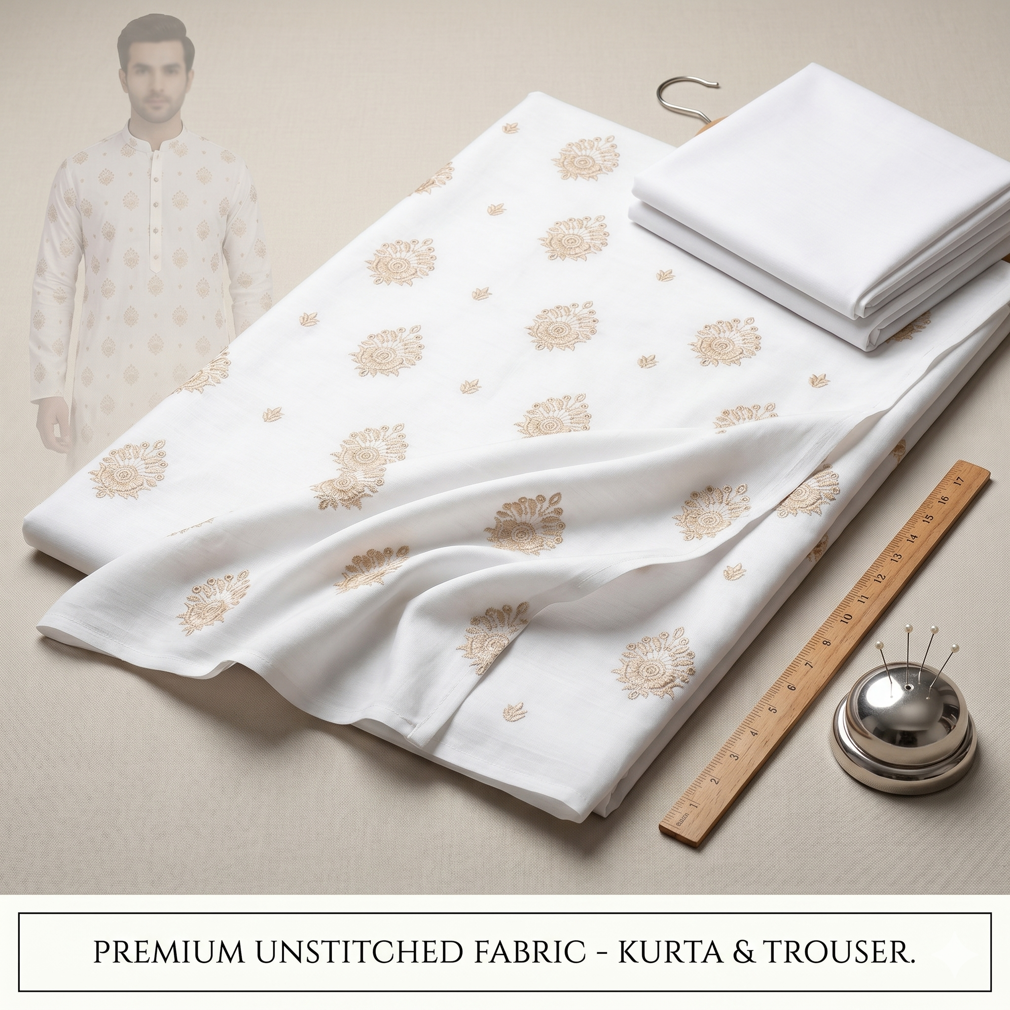 Un-stitched Motif White Embroidered Kurta Trouser Fabric MF-103