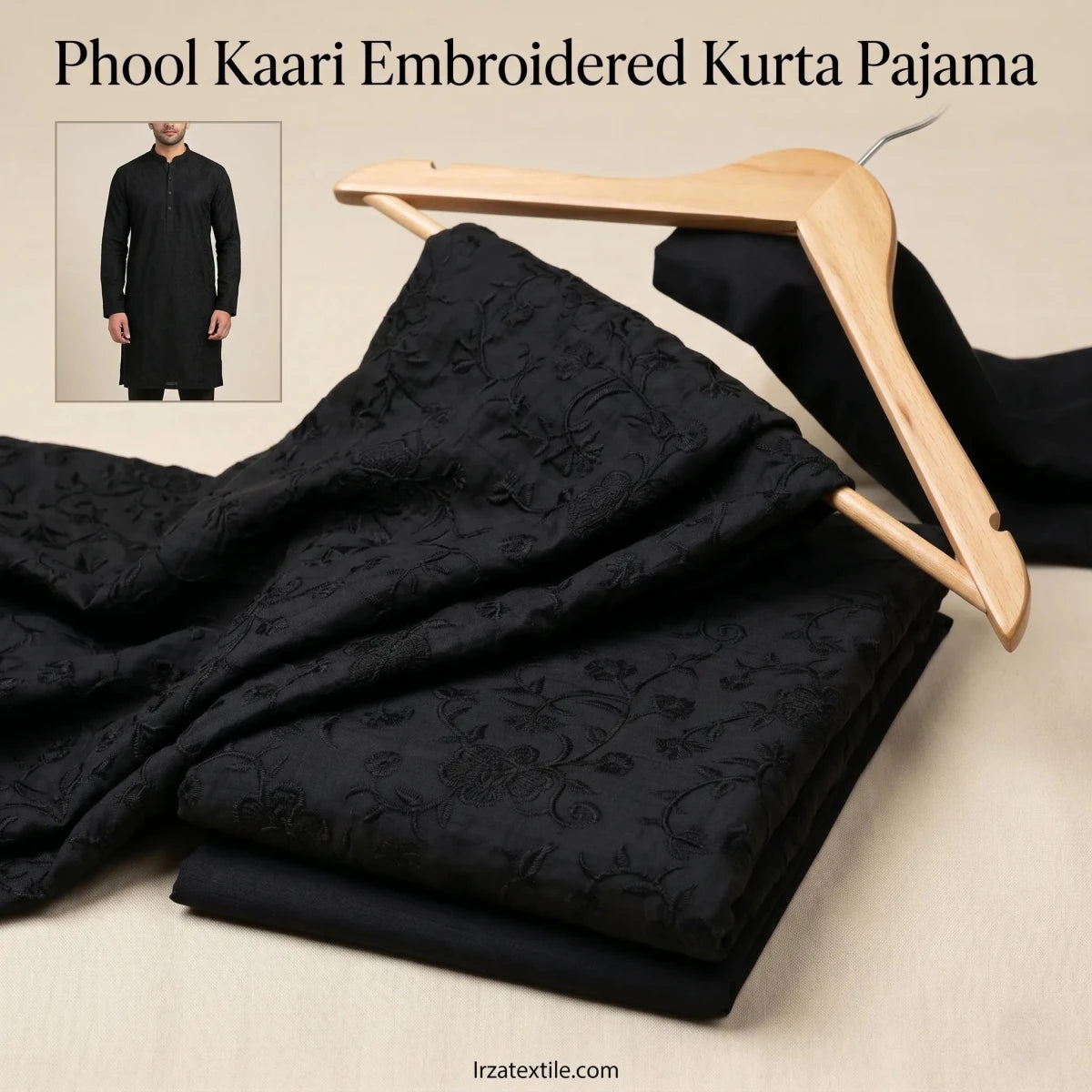 Un-stitched Phool Kaari Black Embroidered Kurta Pajama Fabric - Irza Textile