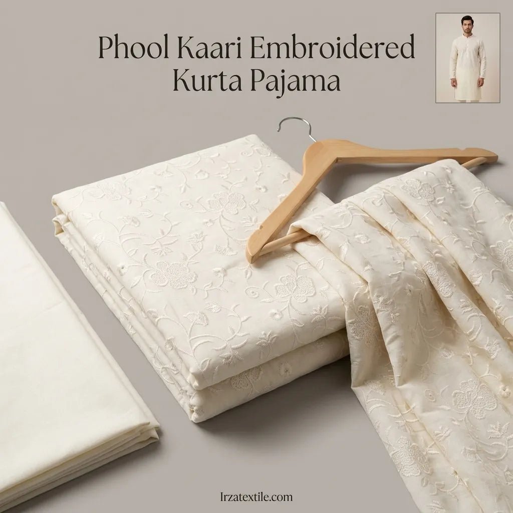 Un-stitched Phool Kaari Cream Embroidered Kurta Pajama Fabric - Irza Textile