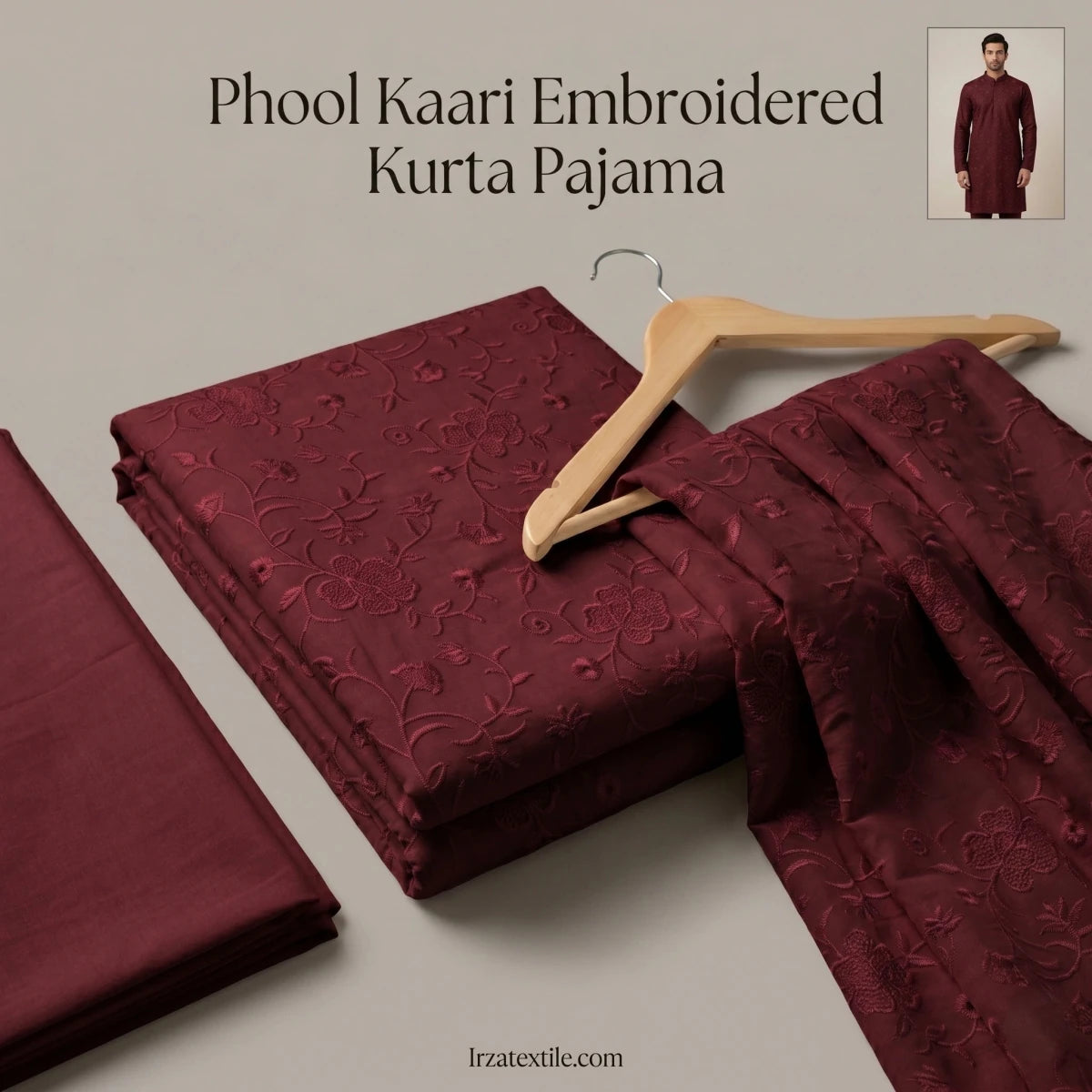 Un-stitched Phool Kaari Maroon Embroidered Kurta Pajama Fabric - Irza Textile