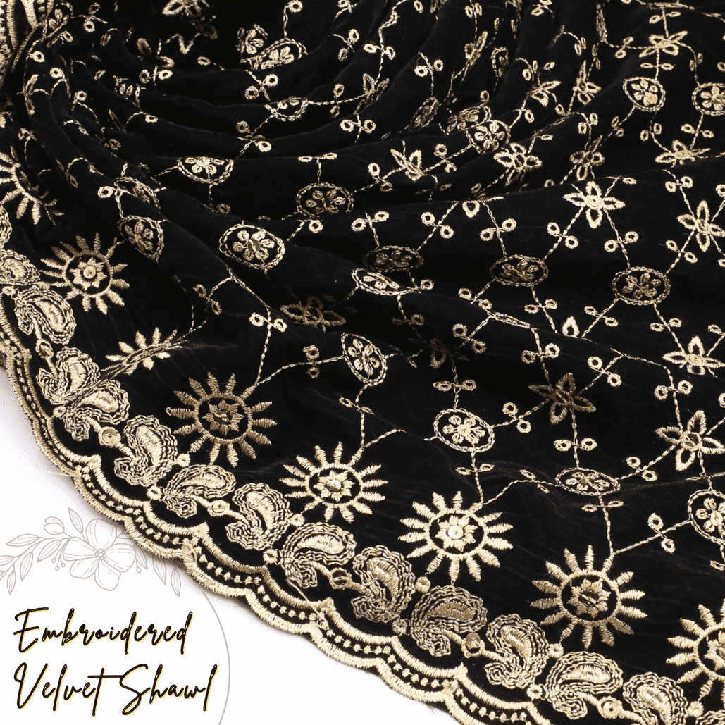 Black Embroidered Velvet Shawl IS-203