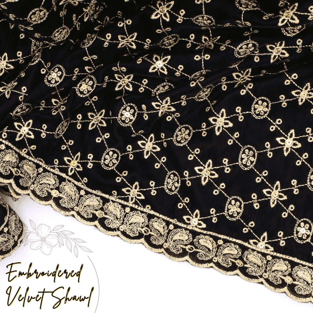 Black Embroidered Velvet Shawl IS-203