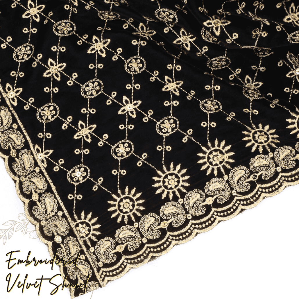 Black Embroidered Velvet Shawl IS-203