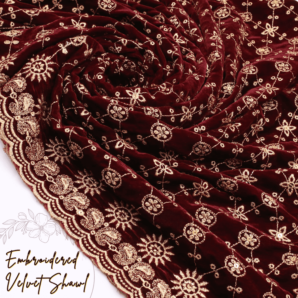 Maroon Embroidered Velvet Shawl IS-201