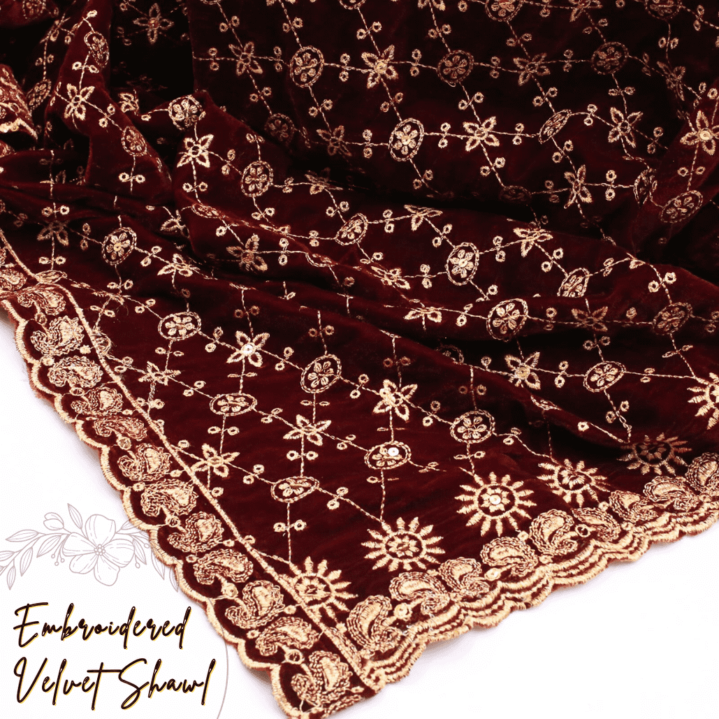 Maroon Embroidered Velvet Shawl IS-201