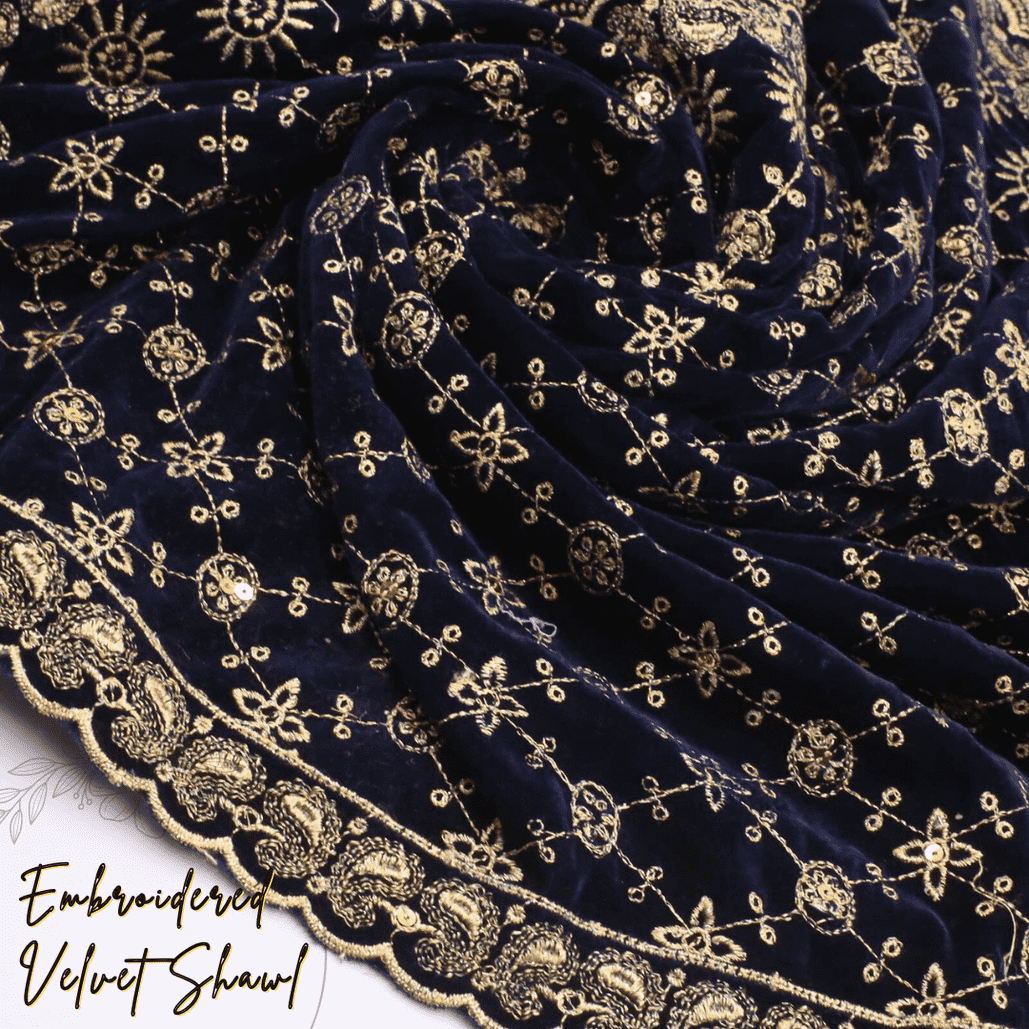 Navy Blue Embroidered Velvet Shawl IS-202