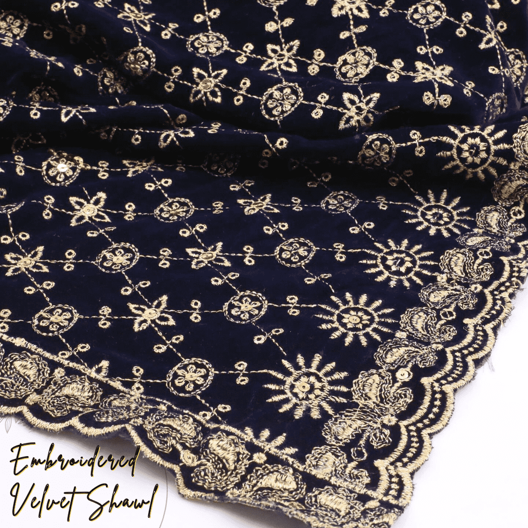 Navy Blue Embroidered Velvet Shawl IS-202