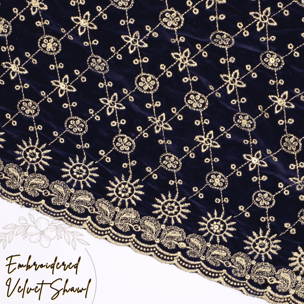 Navy Blue Embroidered Velvet Shawl IS-202