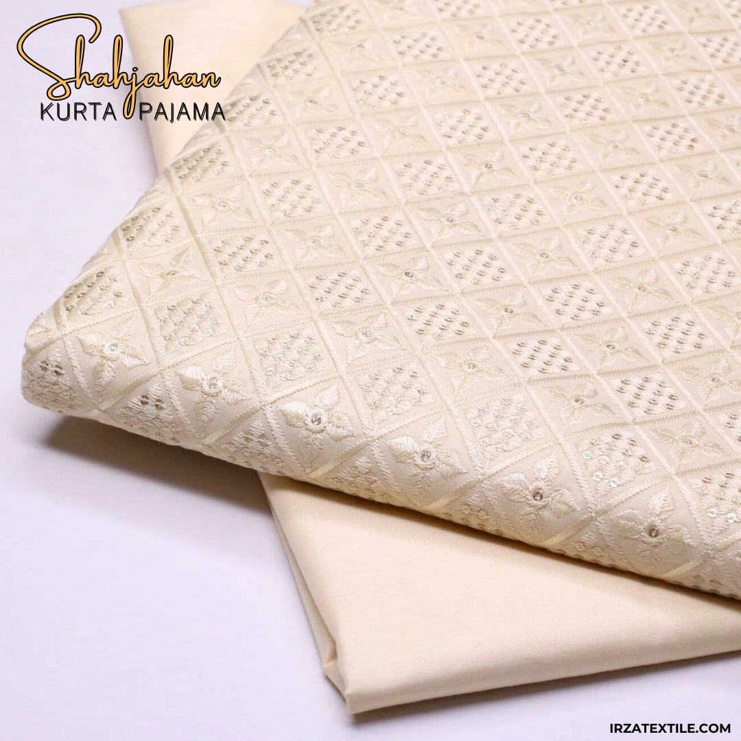 Shahjahan Embroidered Cream Un-Stitched Kurta Pajama