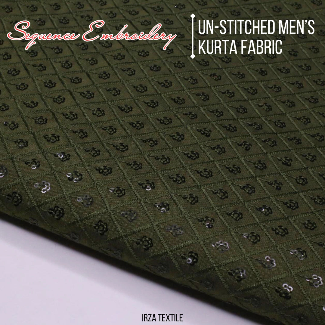 Un-Stitched Cotton Mehandi Green Sequence Embroidery Kurta AB-146
