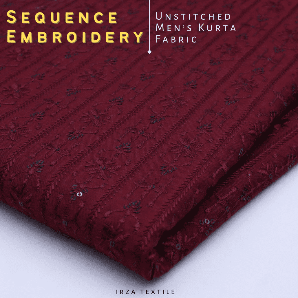 Un-Stitched Cotton Silk Maroon Stripe Sequence Embroidery Kurta AOB-124