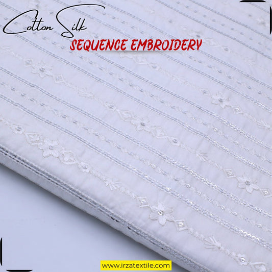 Un-Stitched Cotton Silk Off White Silver Sequence Stripe Embroidery Kurta AOB-106