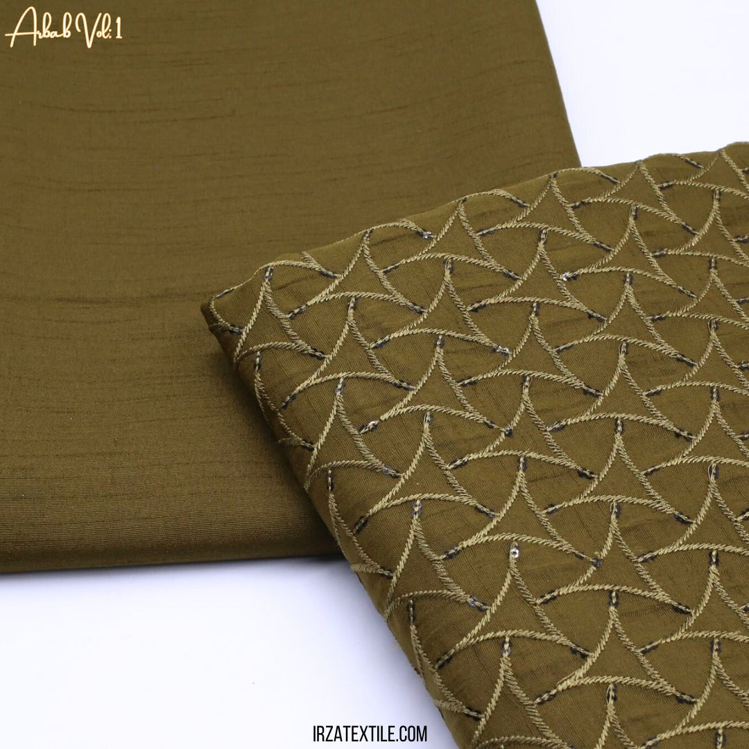 Un-Stitched Tobacco Green Designer Kurta Trouser Fabric Arbab A3