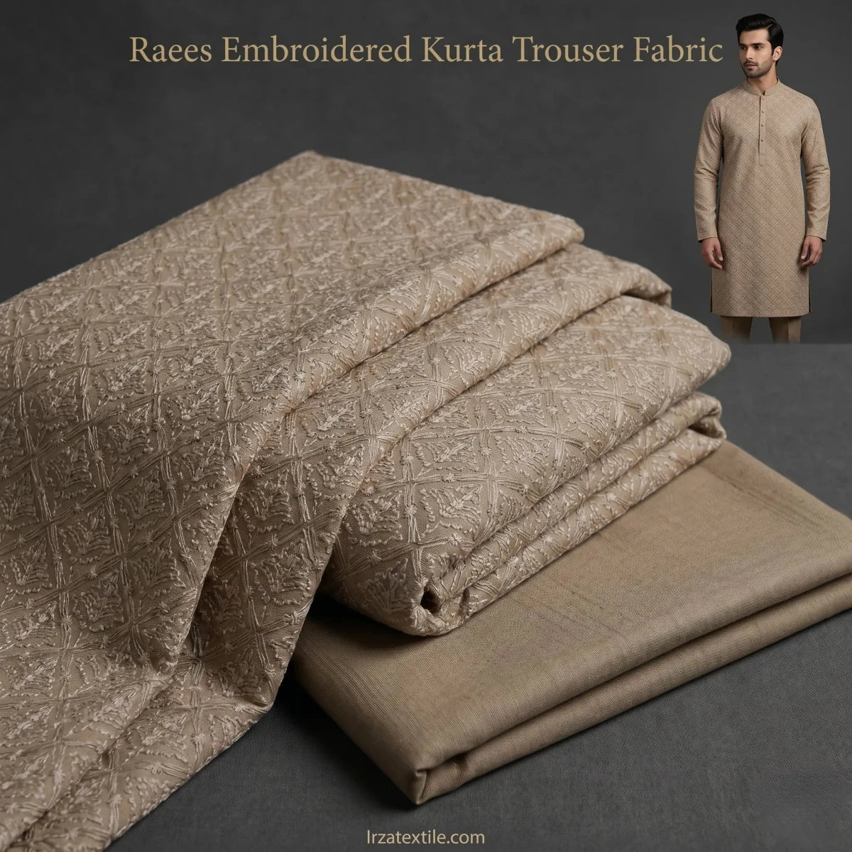 Unstitched RAEES Beige Embroidered Kurta Pajama Fabric - Irza Textile