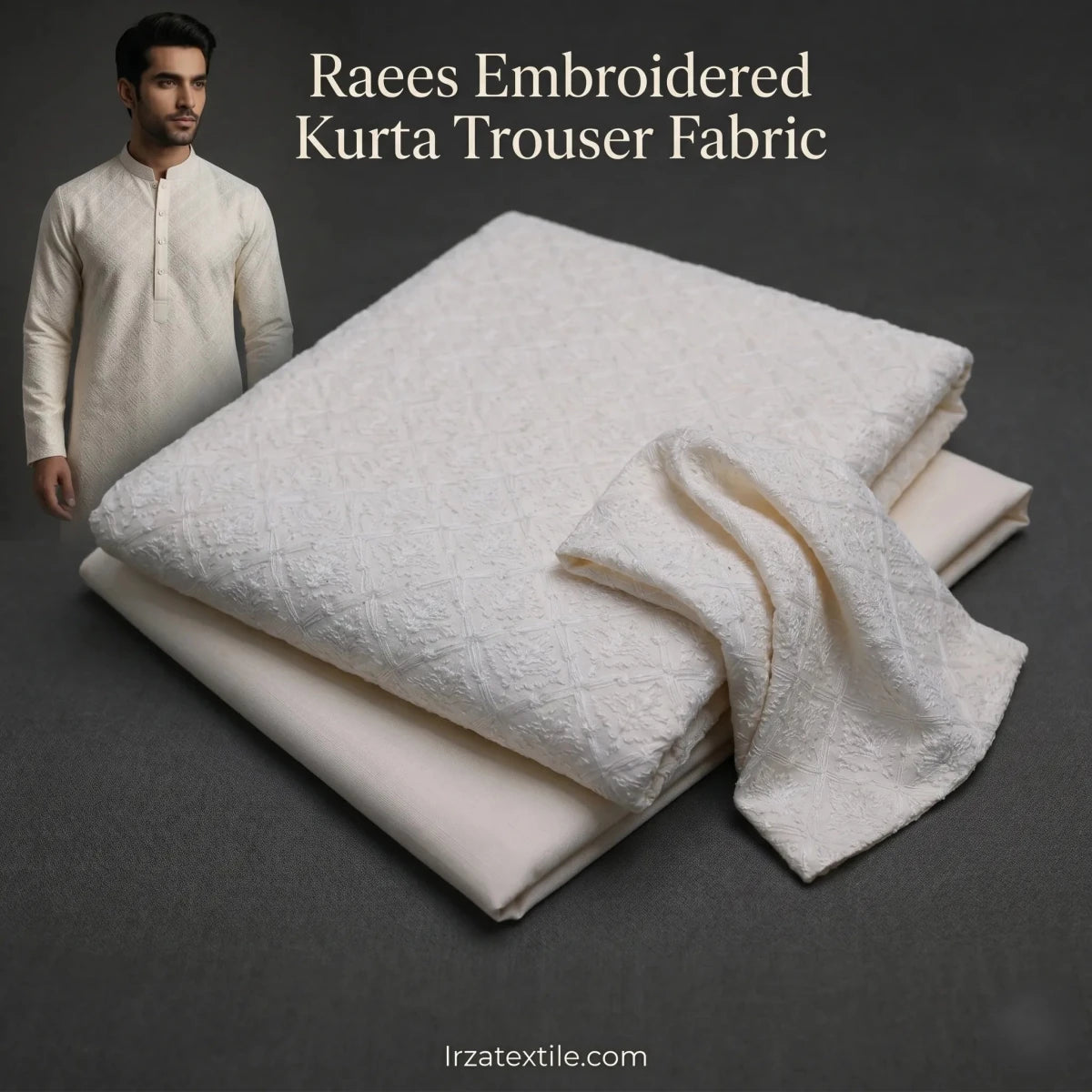 Unstitched RAEES Cream Embroidered Kurta Pajama Fabric - Irza Textile