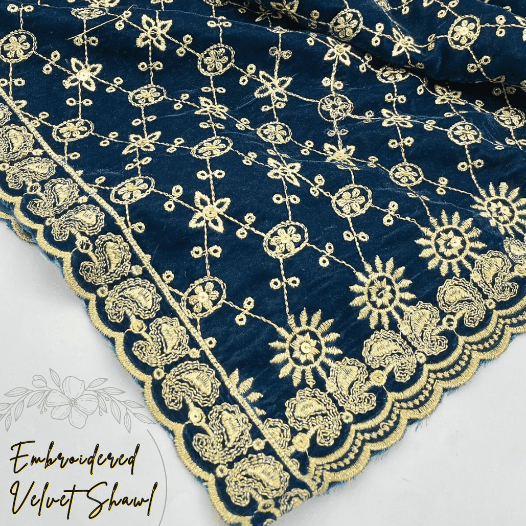 Zink Blue Embroidered Velvet Shawl IS-205