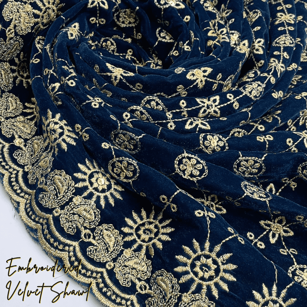 Zink Blue Embroidered Velvet Shawl IS-205